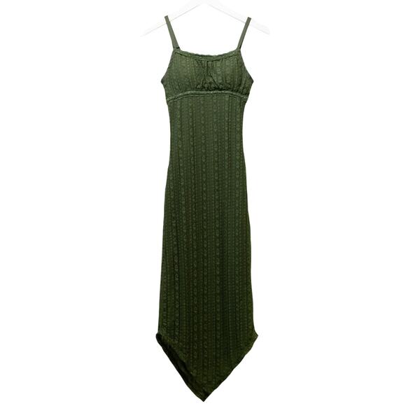 Y2K Fairy Grunge Milkmaid Asymmetrical Midi Slip Dress Green Lace Earthy XXS 00 - Picture 1 of 8